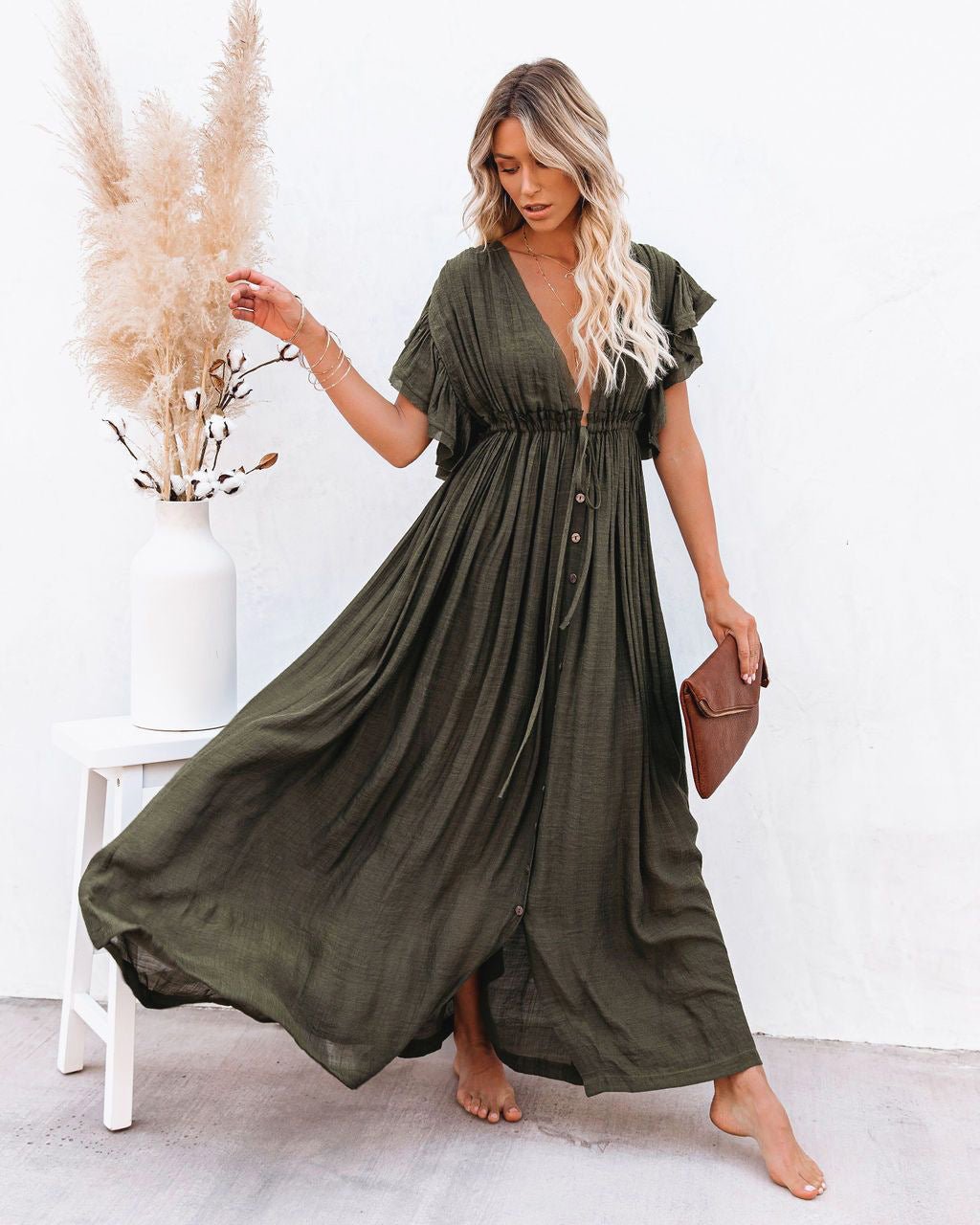 Boho Maxi Kjole V-udskæring Wrap Style Sommer - Army Green