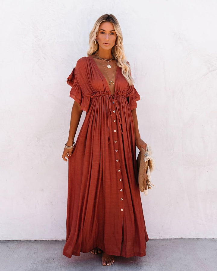 Boho Maxi Kjole V-udskæring Wrap Style Sommer - Rust