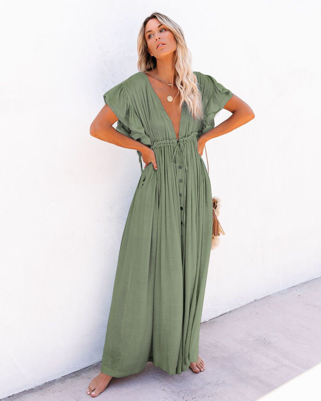 Boho Maxi Kjole V-udskæring Wrap Style Sommer - Light Green