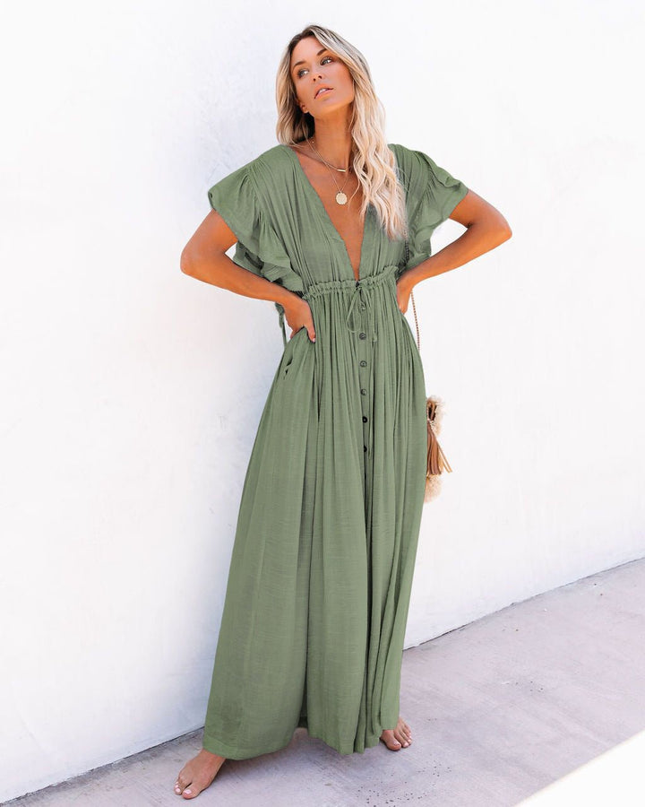Boho Maxi Kjole V-udskæring Wrap Style Sommer - Light Green