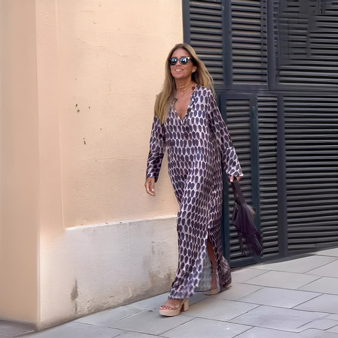 Boho Maxikjole Print Løs Pasform Sommer V-udskæring - Purple