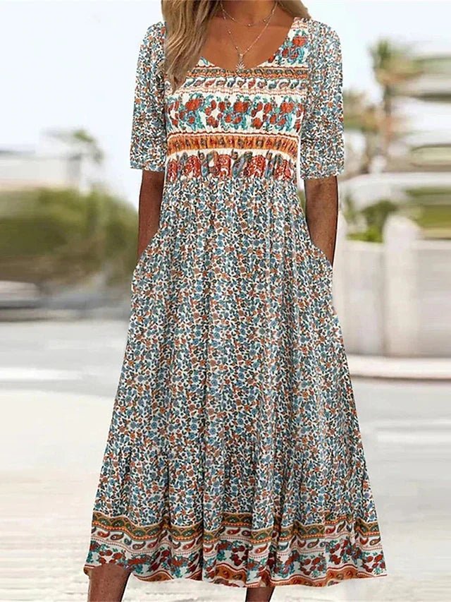Boho Maxikjole Rund Hals Blomsterprint Sommerkjole - Multicolor