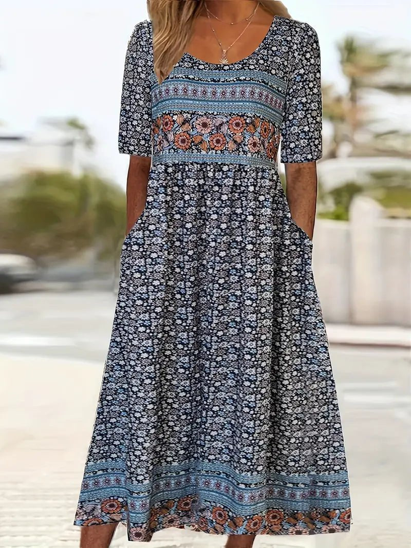 Boho Maxikjole Rund Hals Blomsterprint Sommerkjole - Multicolor1