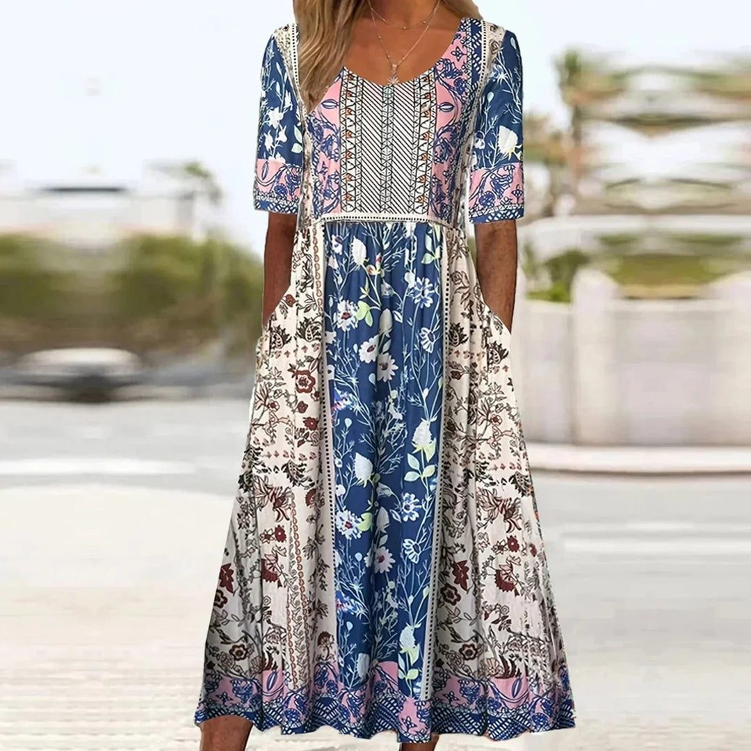Boho Maxikjole Rund Hals Blomsterprint Sommerkjole - Multicolor2