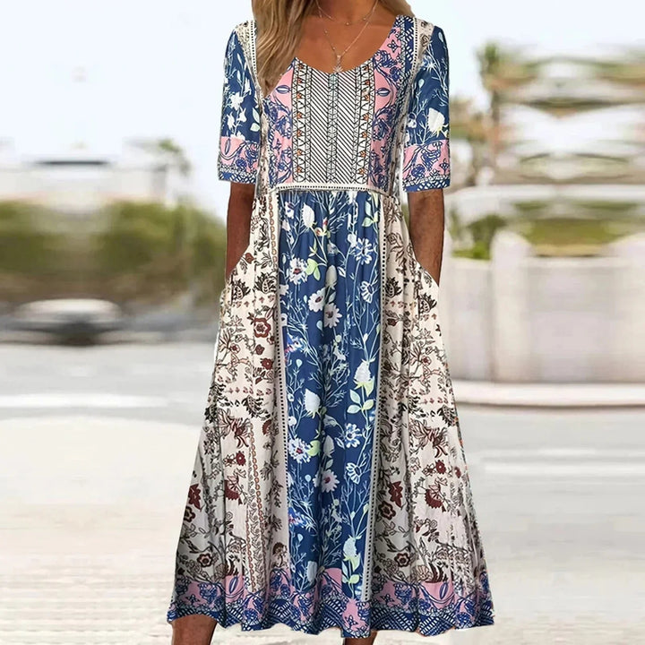 Boho Maxikjole Rund Hals Blomsterprint Sommerkjole - Multicolor2