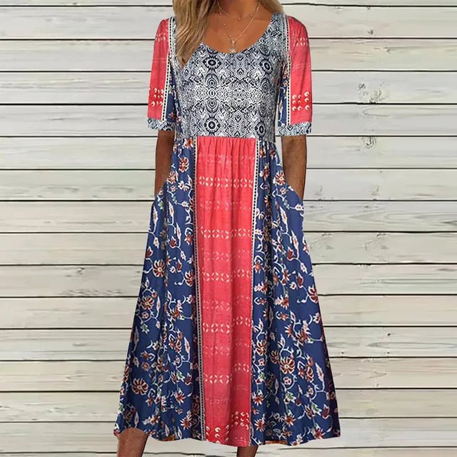 Boho Maxikjole Rund Hals Blomsterprint Sommerkjole - Multicolor3