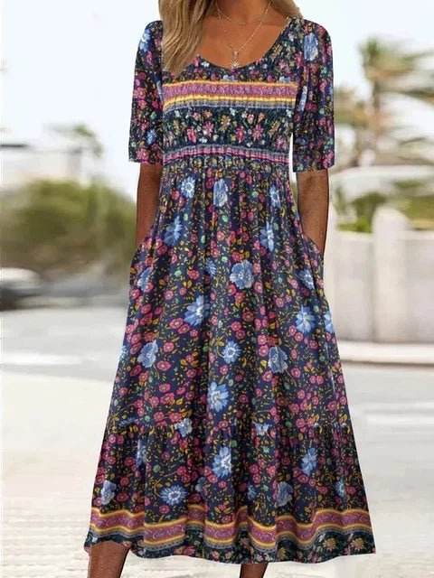 Boho Maxikjole Rund Hals Blomsterprint Sommerkjole - Multicolor4