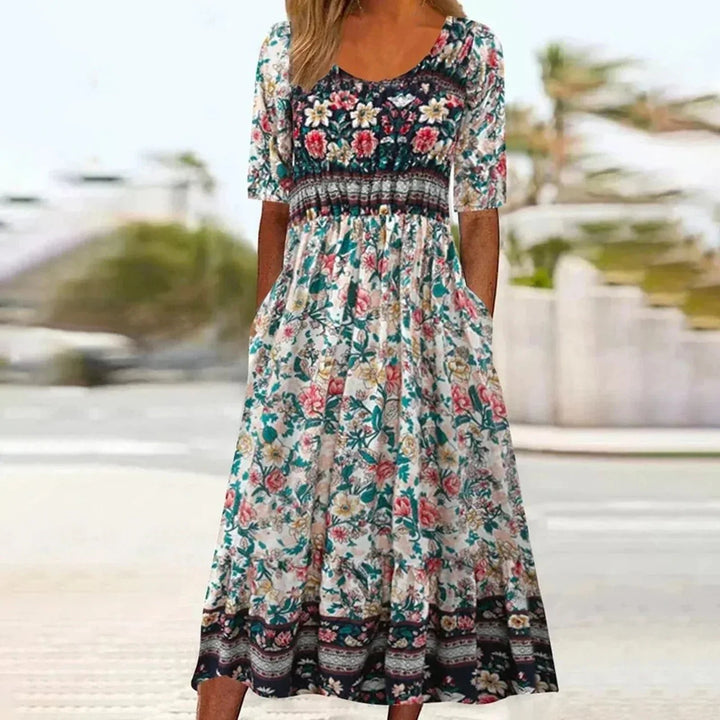 Boho Maxikjole Rund Hals Blomsterprint Sommerkjole - Multicolor5