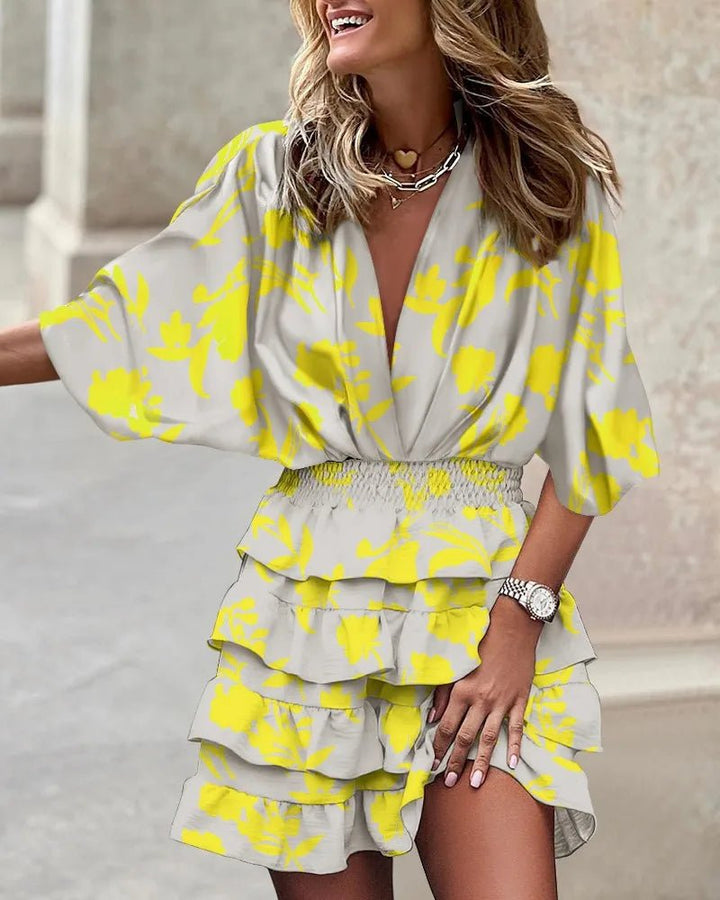Boho Mini Kjole V-Hals Flæse Elastisk Talje Blomsterprint - Yellow