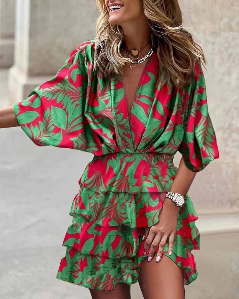 Boho Mini Kjole V-Hals Flæse Elastisk Talje Blomsterprint - Green