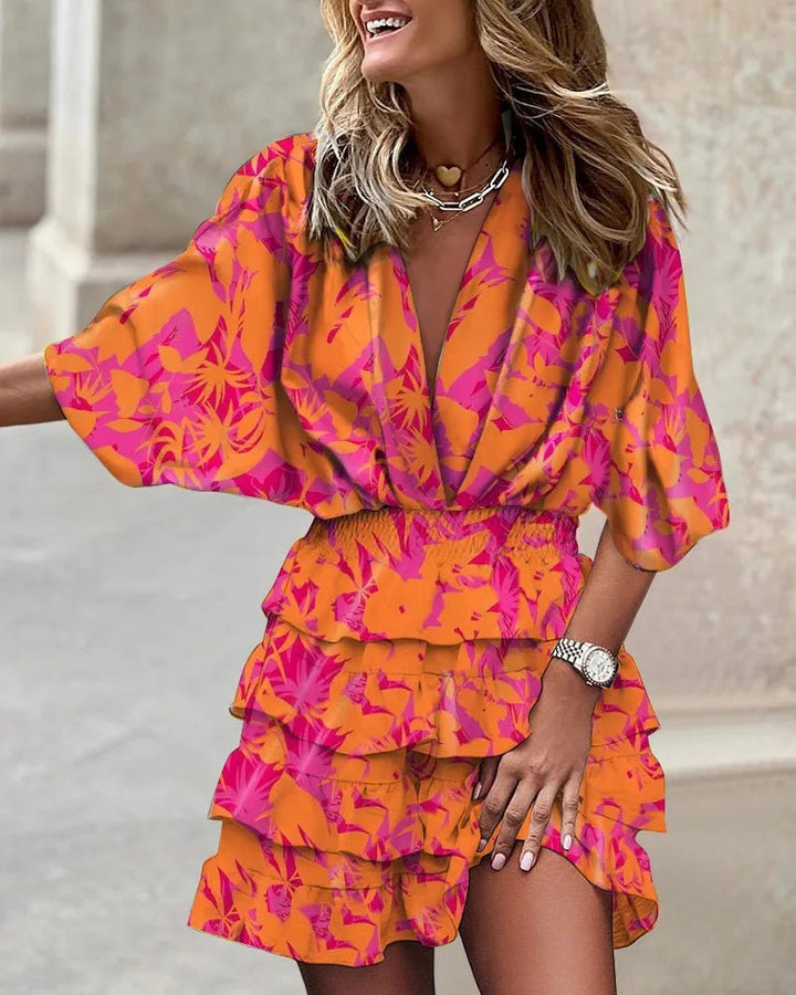 Boho Mini Kjole V-Hals Flæse Elastisk Talje Blomsterprint - Orange