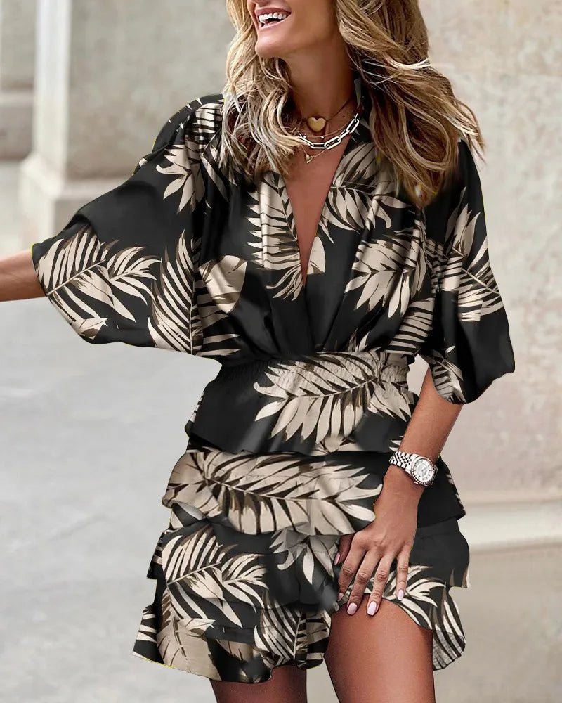Boho Mini Kjole V-Hals Flæse Elastisk Talje Blomsterprint - Black