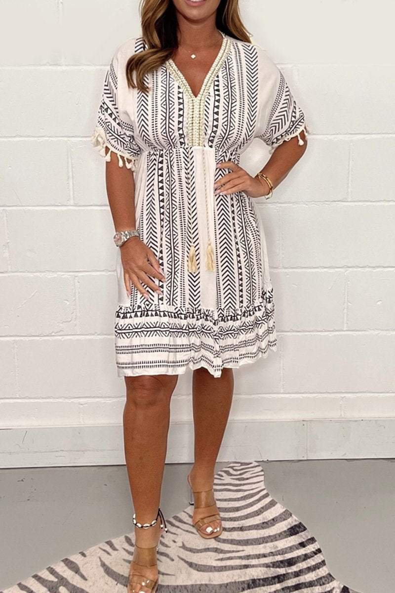 Boho Mini Kjole V-Hals Kvaster Geometrisk Print Sommer - Gray