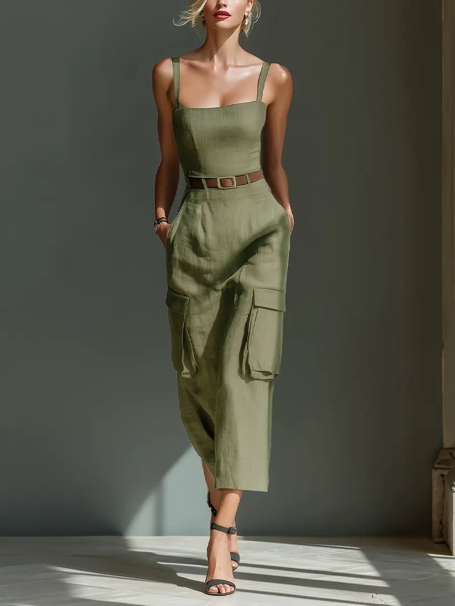 Boho olivengrøn linned midi kjole med cargolommer og bælte - Olive Green