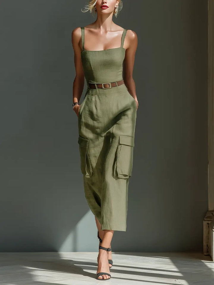 Boho olivengrøn linned midi kjole med cargolommer og bælte - Olive Green