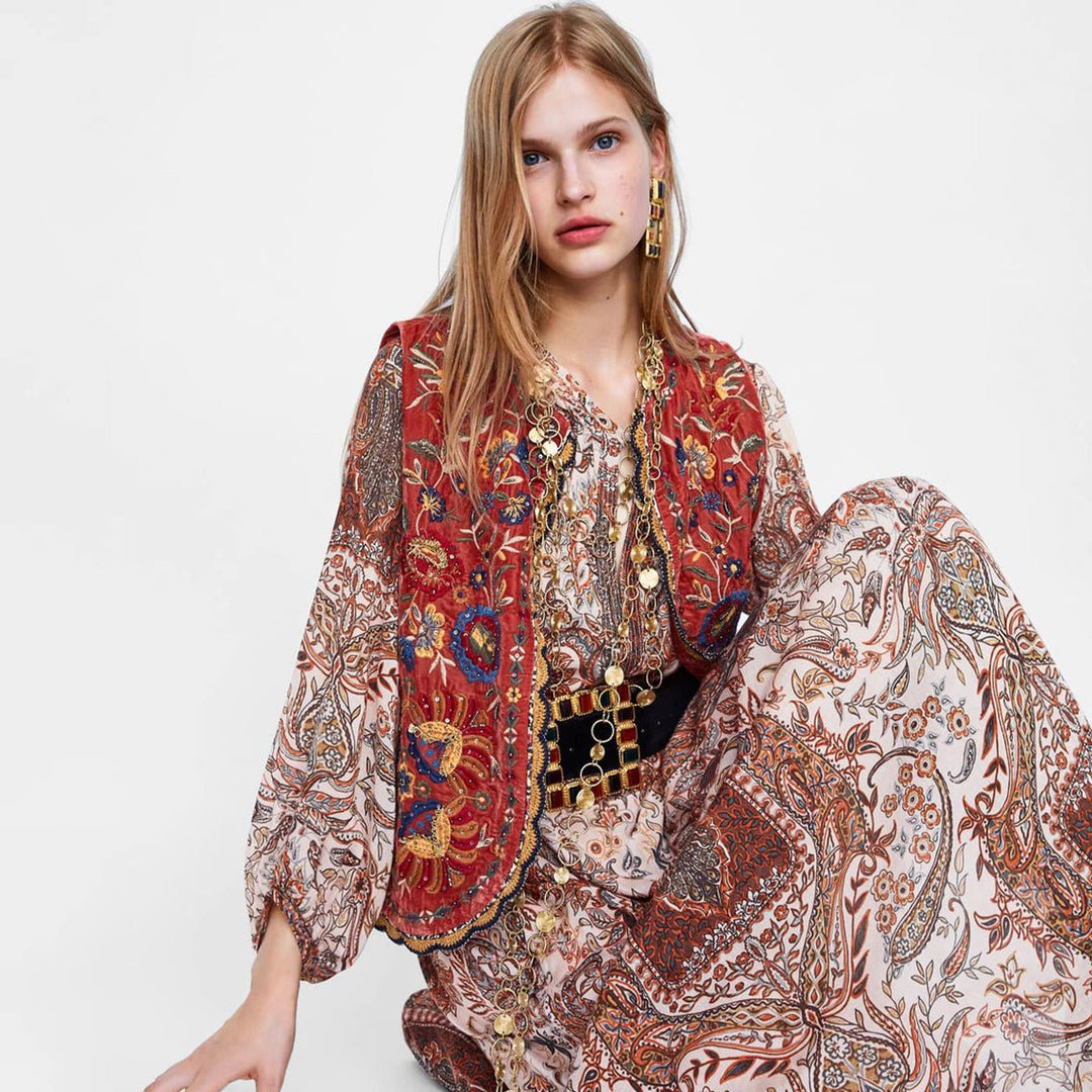Boho Vest Broderet Velour Blommende Waistcoat - Red