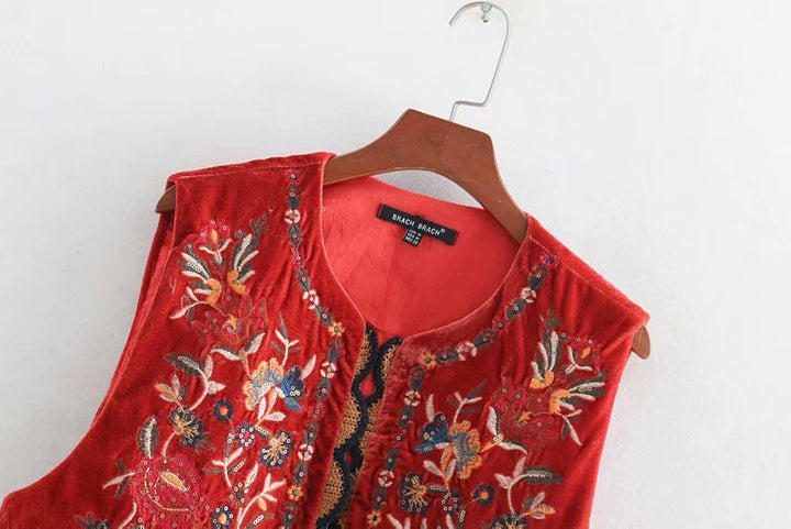 Boho Vest Broderet Velour Blommende Waistcoat