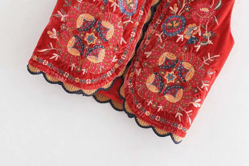 Boho Vest Broderet Velour Blommende Waistcoat