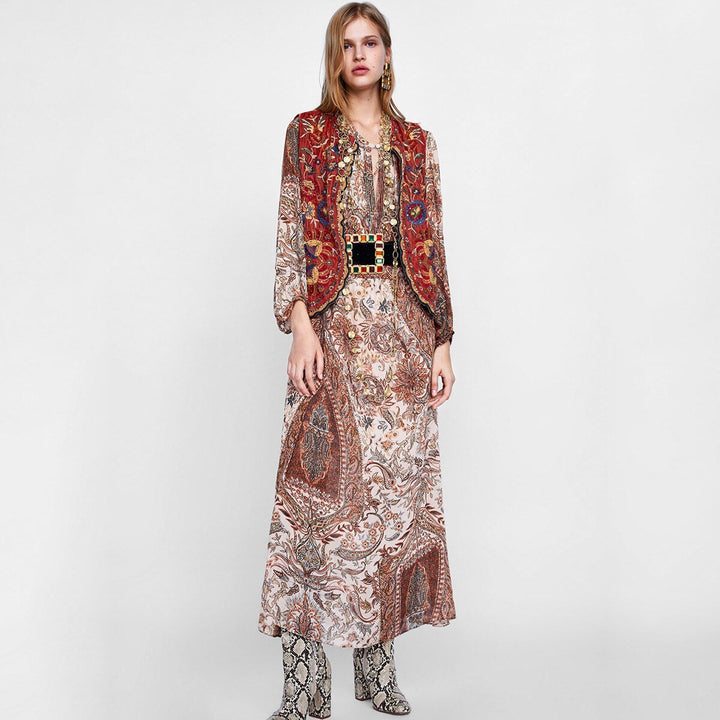 Boho Vest Broderet Velour Blommende Waistcoat
