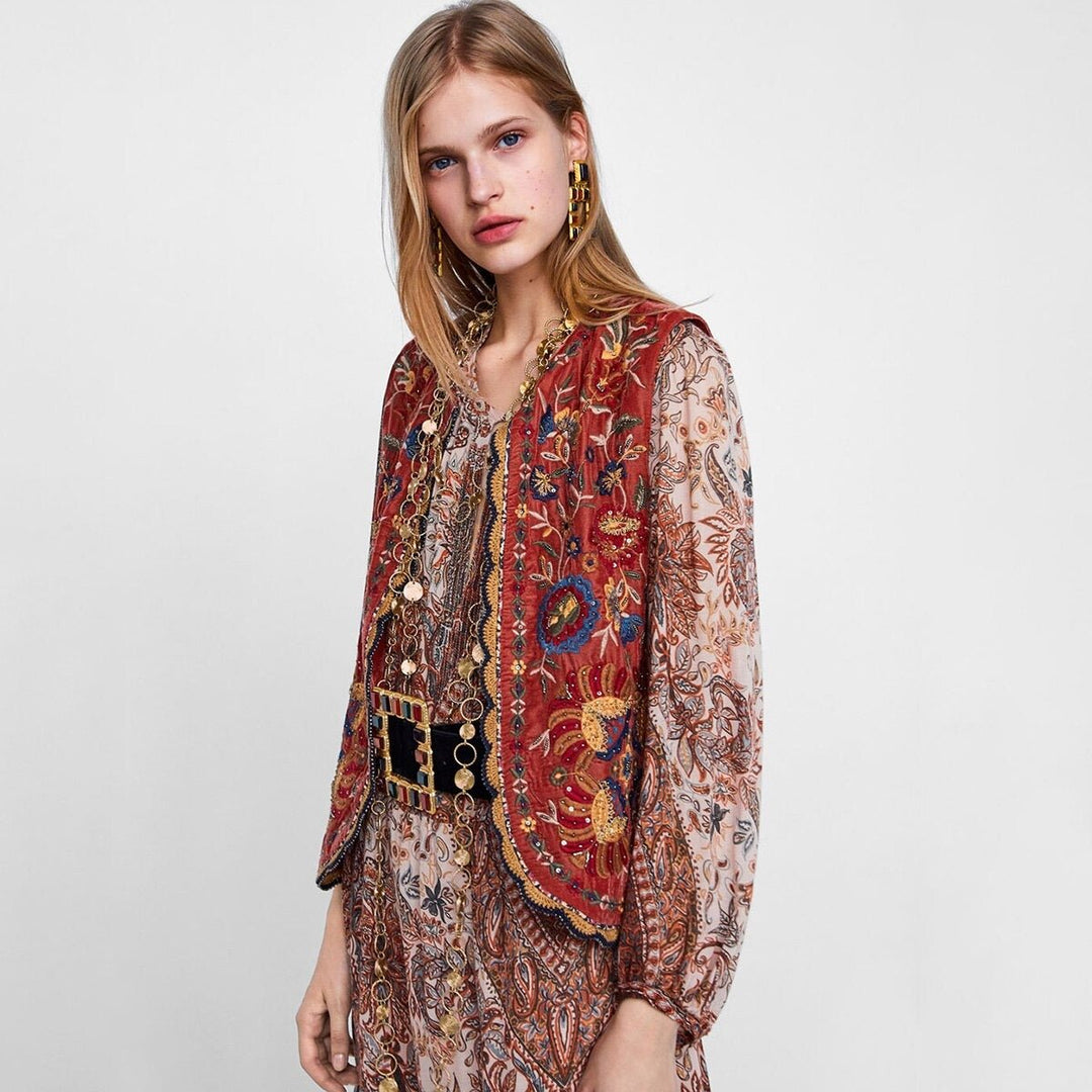Boho Vest Broderet Velour Blommende Waistcoat