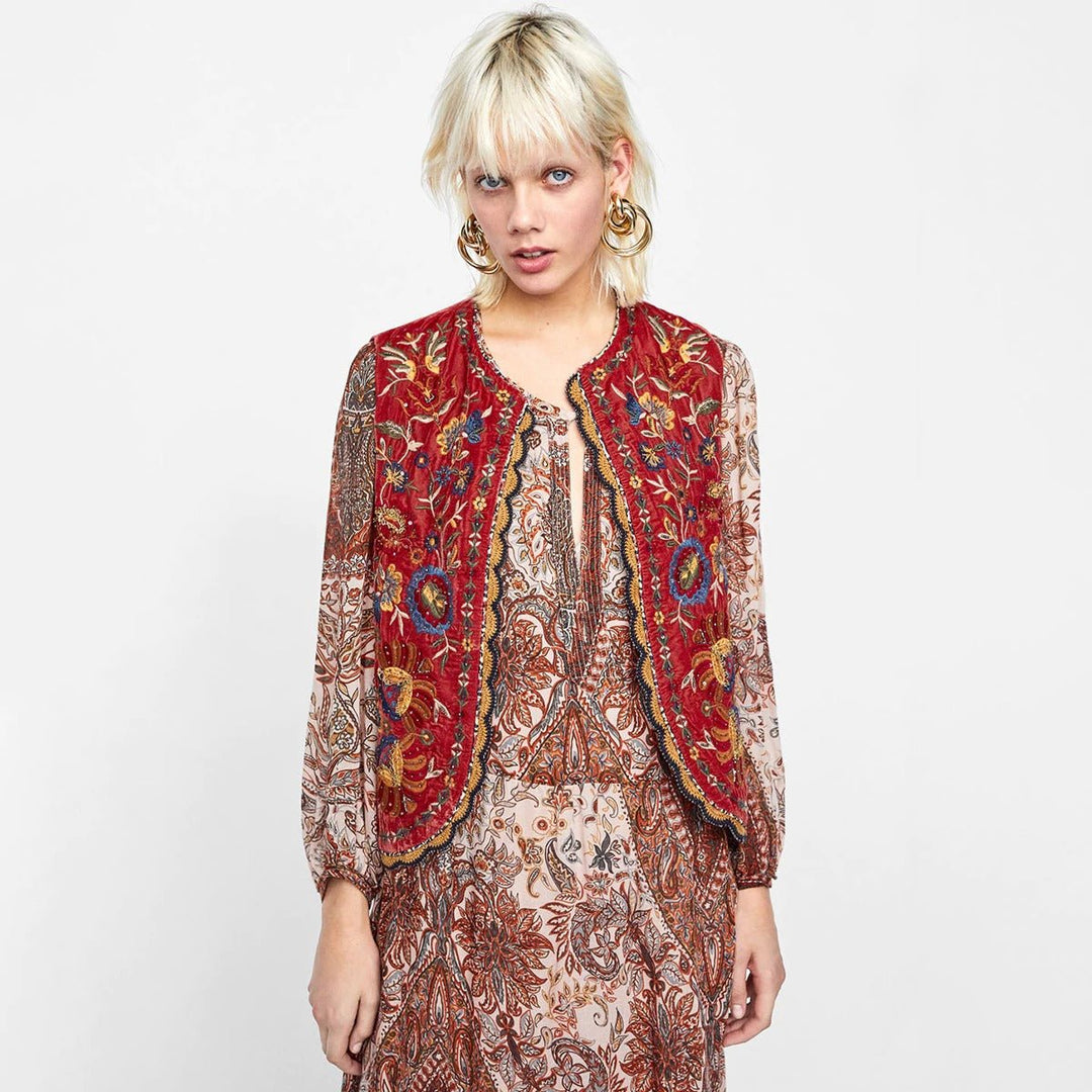 Boho Vest Broderet Velour Blommende Waistcoat