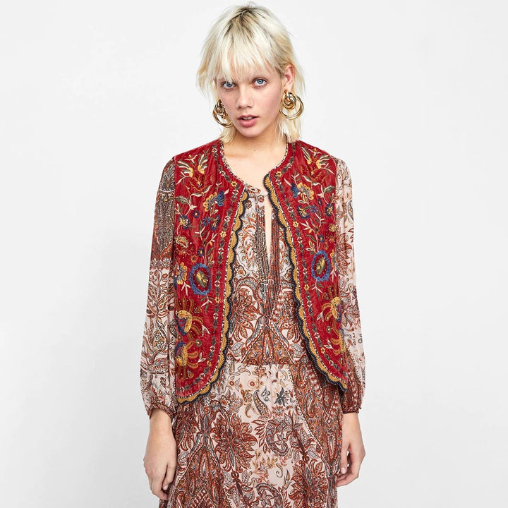 Boho Vest Broderet Velour Blommende Waistcoat