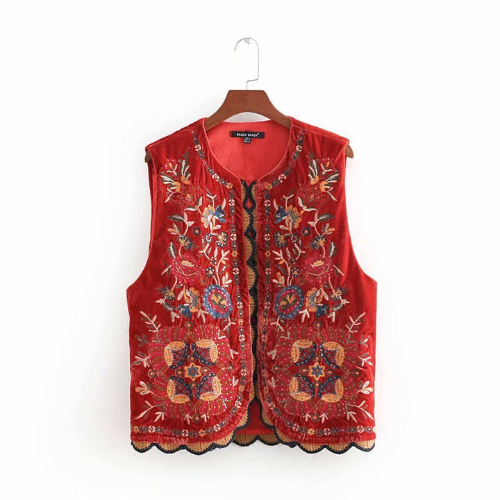 Boho Vest Broderet Velour Blommende Waistcoat