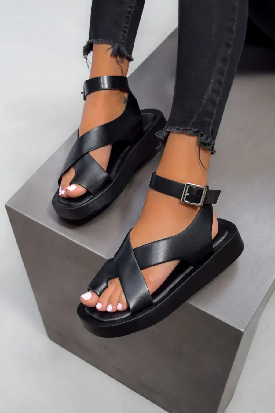 Cross-Strap Sandaler Platform Flade Spænde Dame