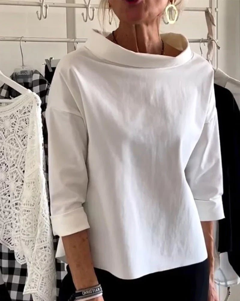 Dame Afslappet Bateau-hals Bluse med 3/4-ærmer Dropped Shoulder - White