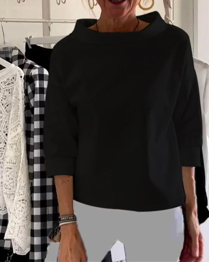 Dame Afslappet Bateau-hals Bluse med 3/4-ærmer Dropped Shoulder - Black