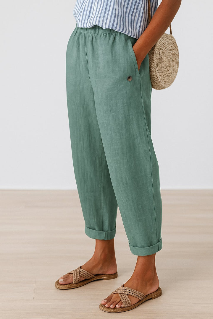 Dame Afslappet Lige Bukser med Elastik Talje - Light Green