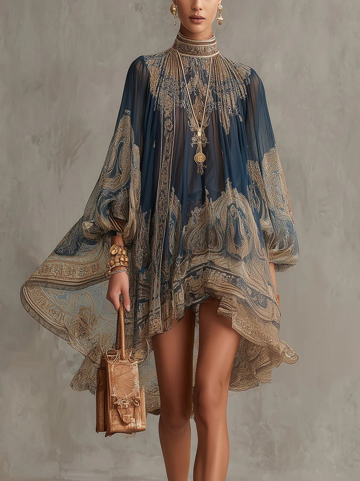 Dame Barok Print Chiffon Kjole Høj Hals Langærmet - Navy