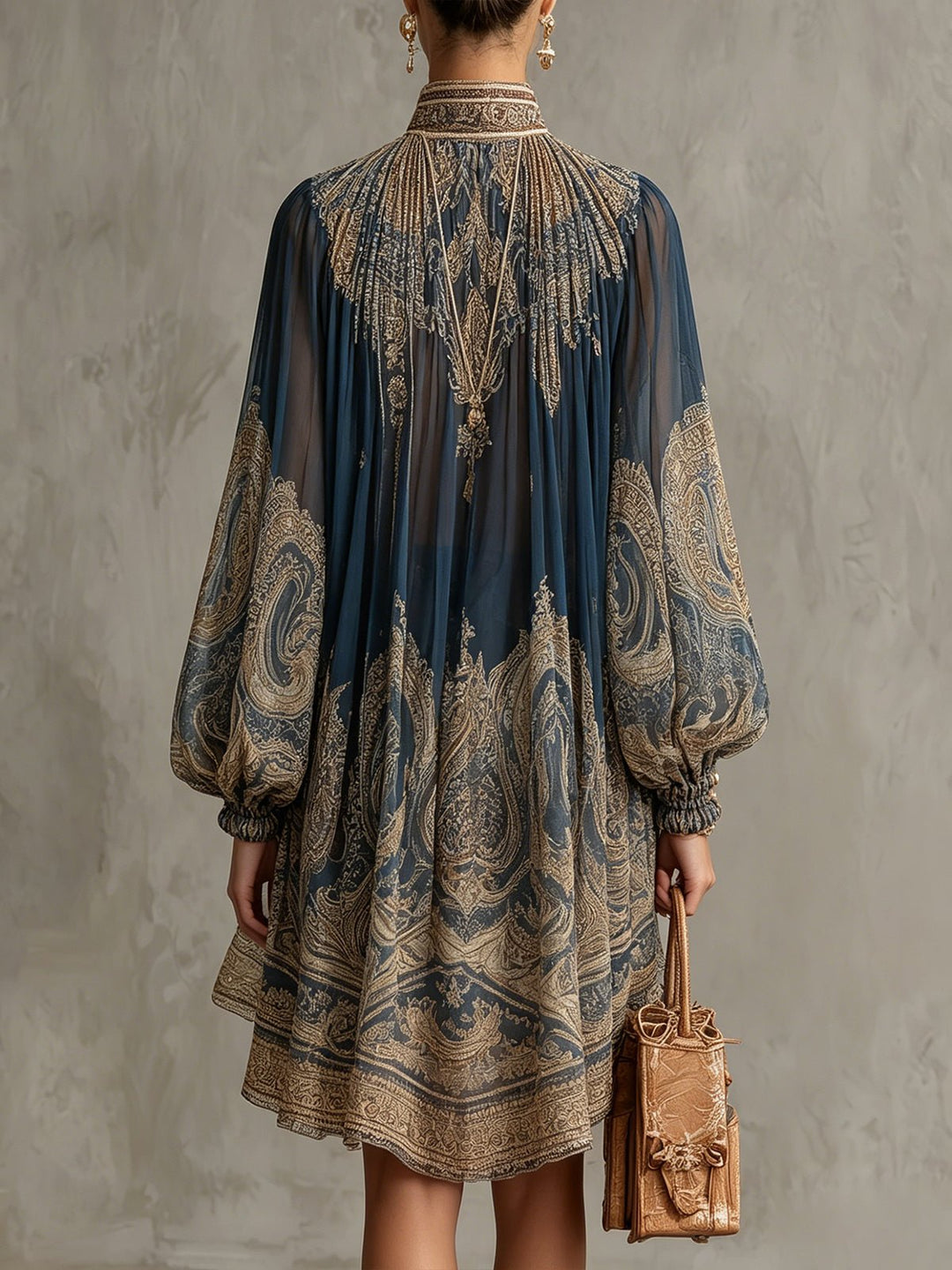 Dame Barok Print Chiffon Kjole Høj Hals Langærmet