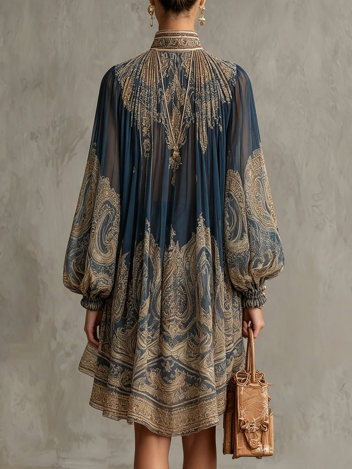 Dame Barok Print Chiffon Kjole Høj Hals Langærmet