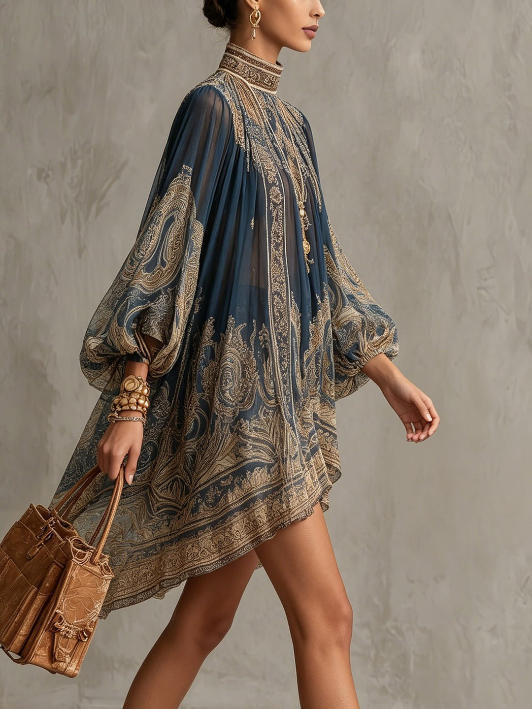 Dame Barok Print Chiffon Kjole Høj Hals Langærmet