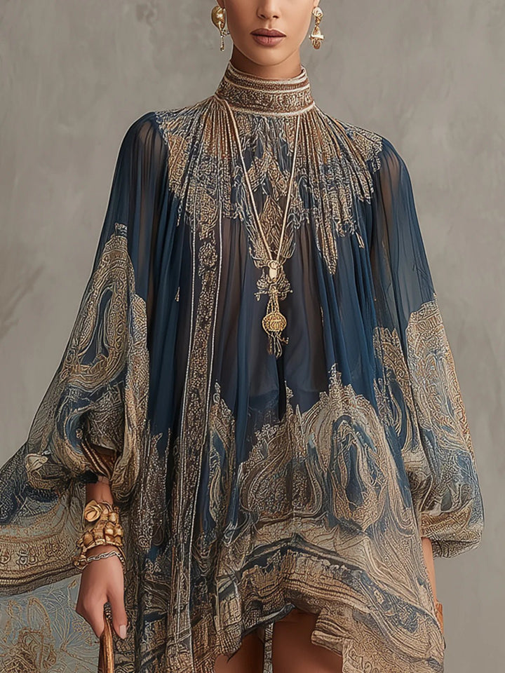 Dame Barok Print Chiffon Kjole Høj Hals Langærmet