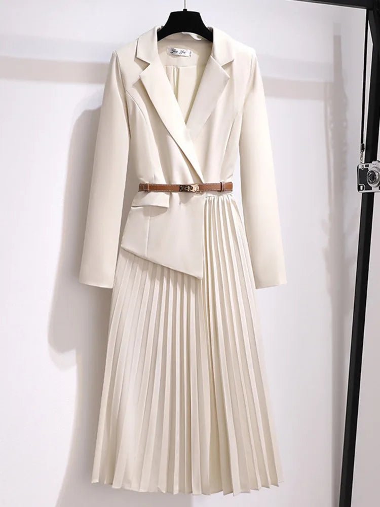 Dame Blazer-Stil Plisseret Midi Kjole med Bælte - Beige