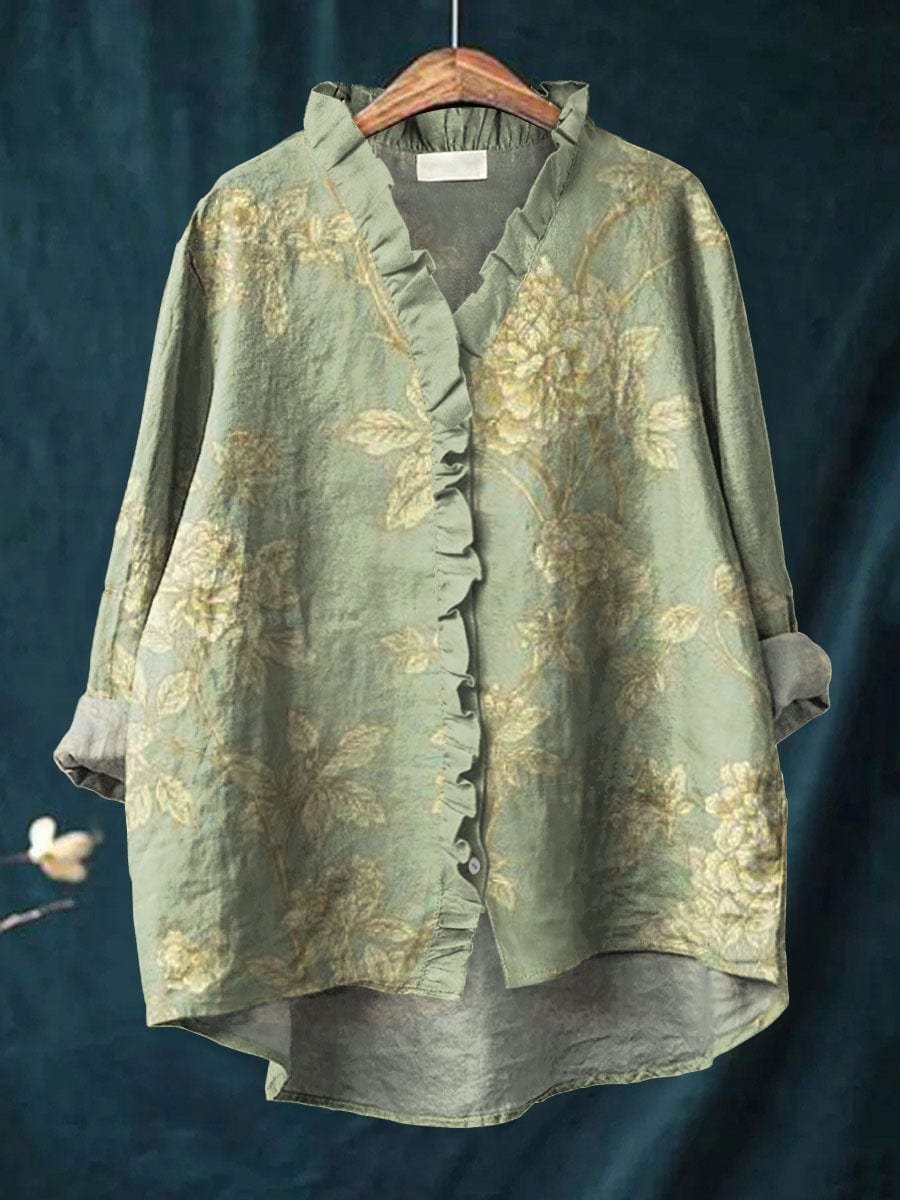 Dame Blomstret Hør Ruffle Bluse