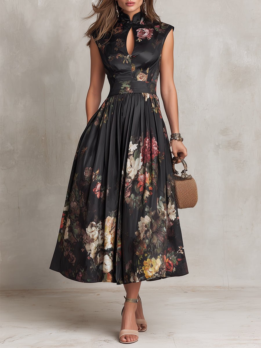 Dame Blomstret Satin Plisseret Midi Kjole - Black