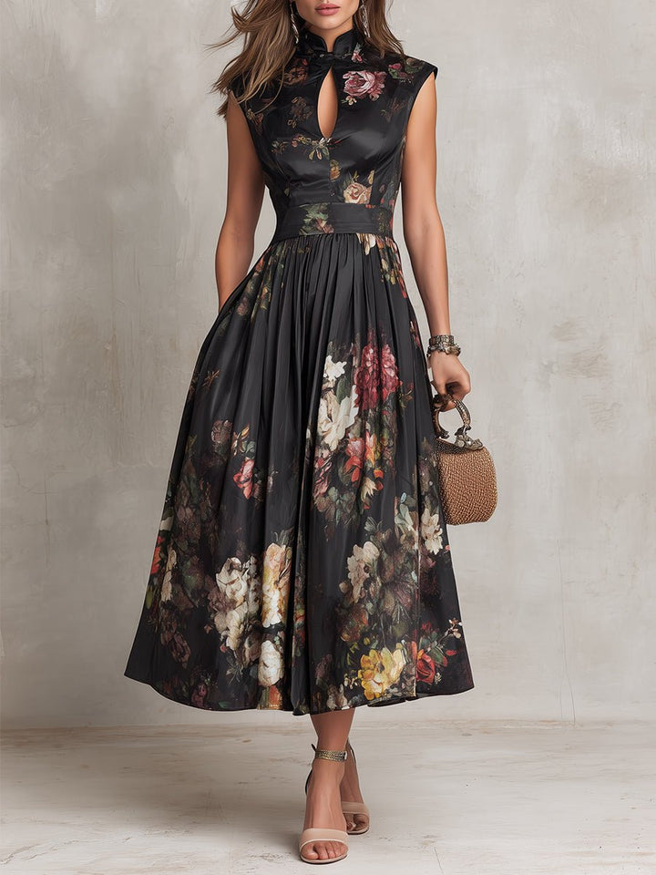 Dame Blomstret Satin Plisseret Midi Kjole - Black