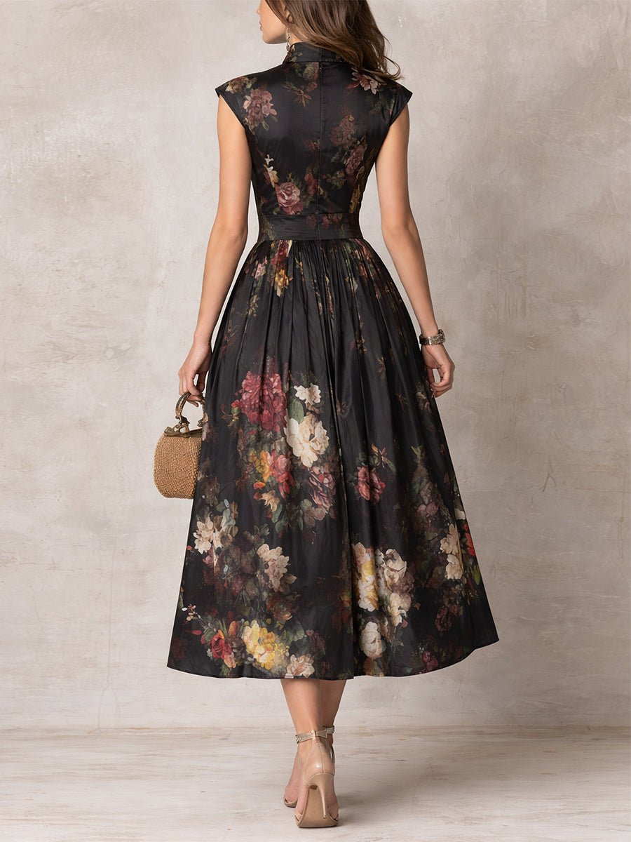 Dame Blomstret Satin Plisseret Midi Kjole