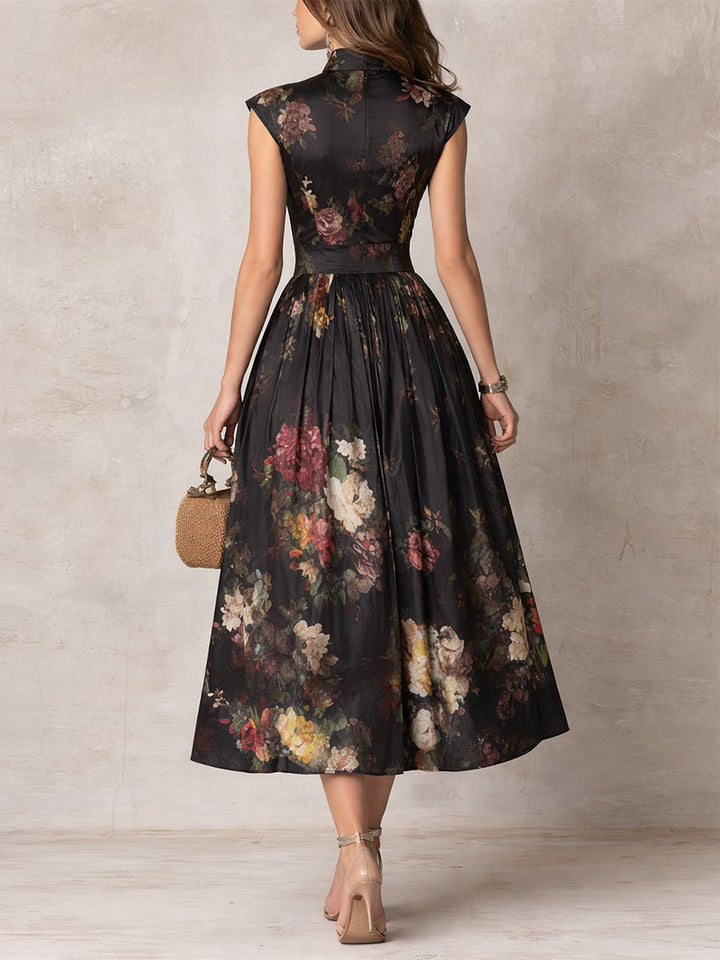 Dame Blomstret Satin Plisseret Midi Kjole