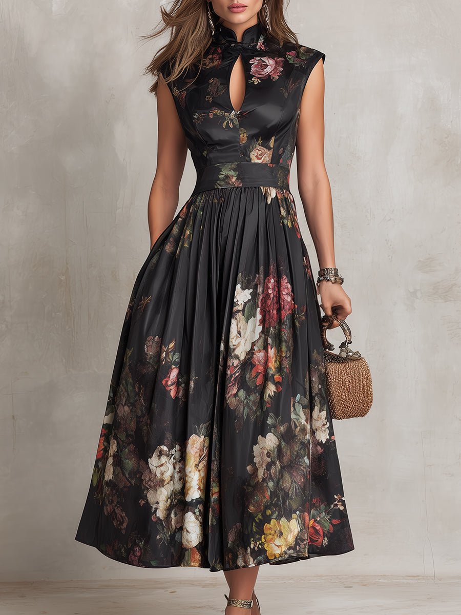 Dame Blomstret Satin Plisseret Midi Kjole