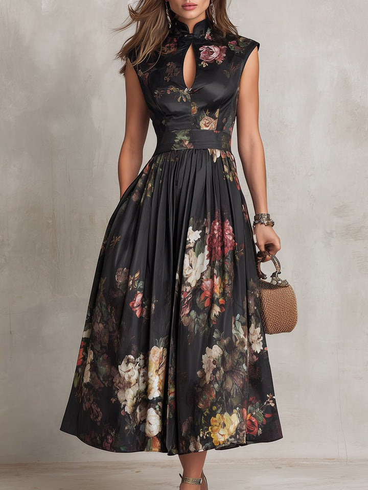 Dame Blomstret Satin Plisseret Midi Kjole