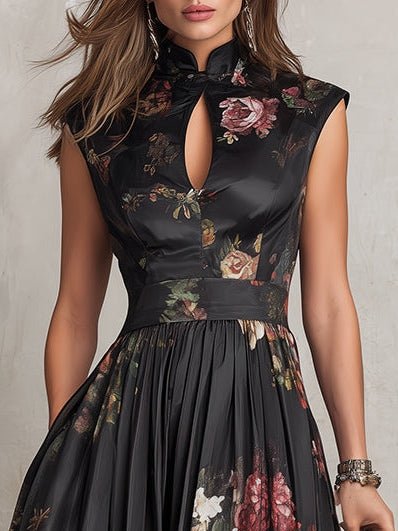 Dame Blomstret Satin Plisseret Midi Kjole