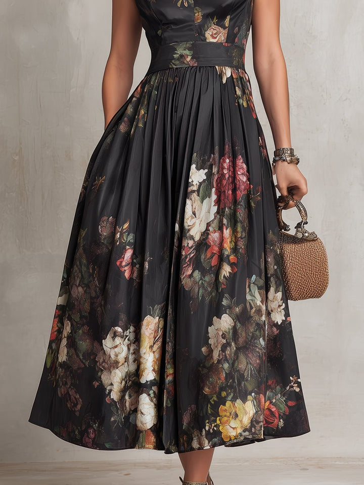 Dame Blomstret Satin Plisseret Midi Kjole