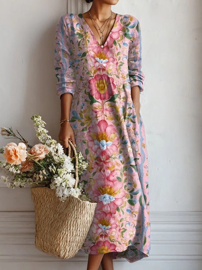 Dame Blomstret V-hals Langærmet Komfortkjole - Dress (almost sold out)