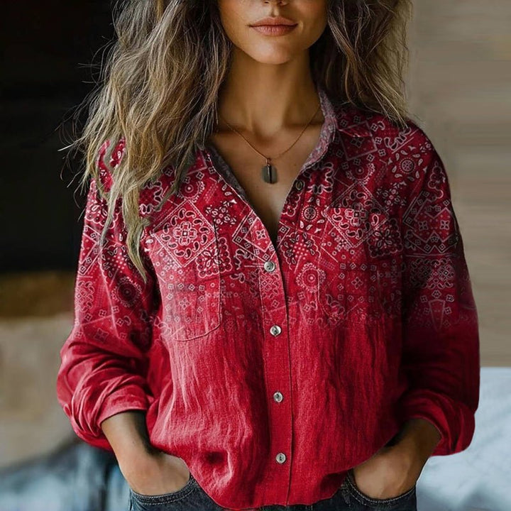 Dame Bohemisk Vintage Paisley Langærmet Skjortebluse - Red