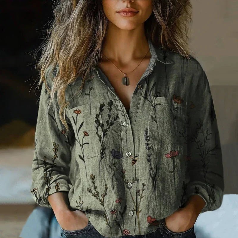 Dame Bohemisk Vintage Paisley Langærmet Skjortebluse - Green