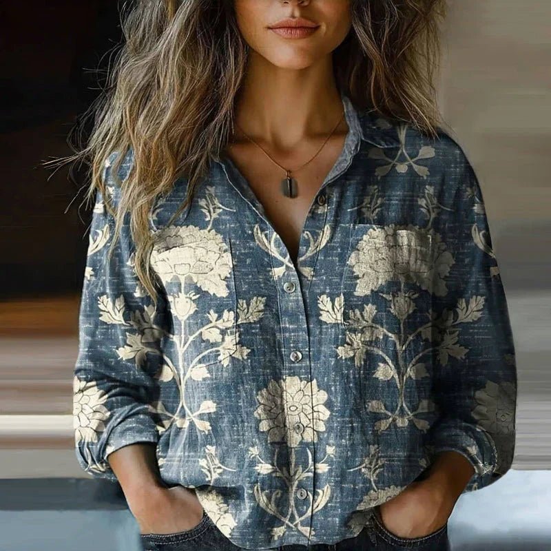 Dame Bohemisk Vintage Paisley Langærmet Skjortebluse - Blue